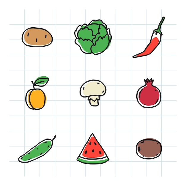 Fruits and vegetables illustrations set Part three Hand drawn Vector Illustration