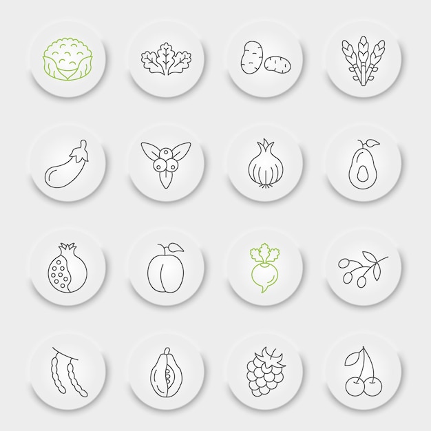 Fruits and vegetables line icon set