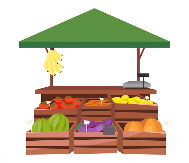 Vector fruits and vegetables market stall flat illustration