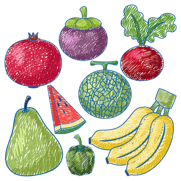 Фрукты и овощи в карандашном цветном наброске в простом стиле
