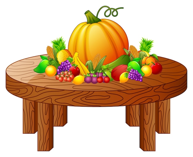 Fruits and vegetables on round wooden table