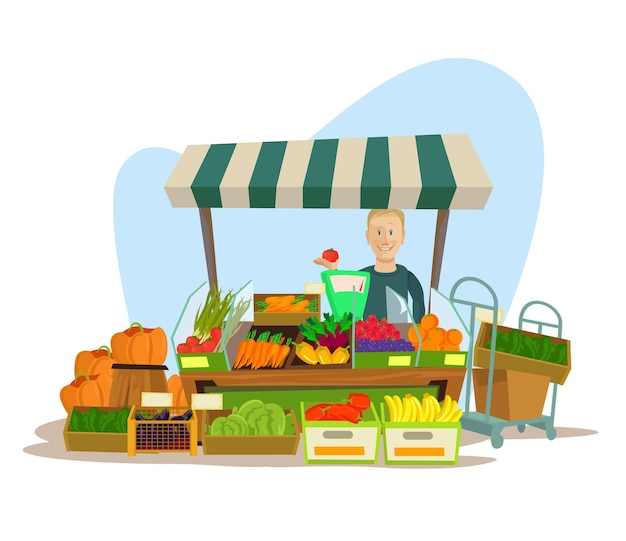 Vector fruits and vegetables seller man character