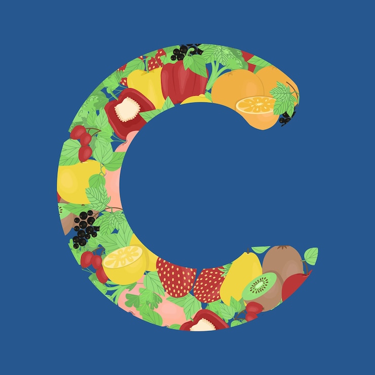 Vector fruits and vegetables in the shape of the letter c seasonal vitamins vector image in flat style