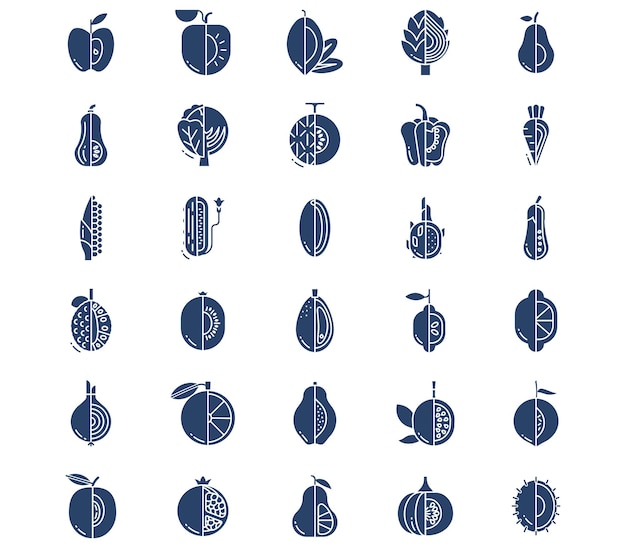 Fruits and vegetables, sliced icon set