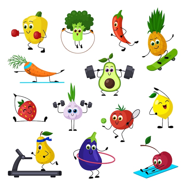 Фрукты овощи спорт смешной фитнес перец Изолированный банан йога вишня клубника и морковь Авокадо тренировка яркая здоровая еда упражнения векторный набор фруктов еда персонаж иллюстрация