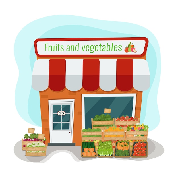 果物と野菜の店。平らな。