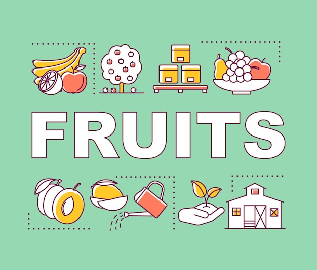 Fruits word concepts banner. Growing harvesting and storage gardening products. Presentation, website. Isolated lettering typography idea with linear icons. Vector outline illustration