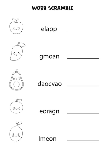 Fruits word scramble for kids. Sort letters into correct order. Worksheet for children.