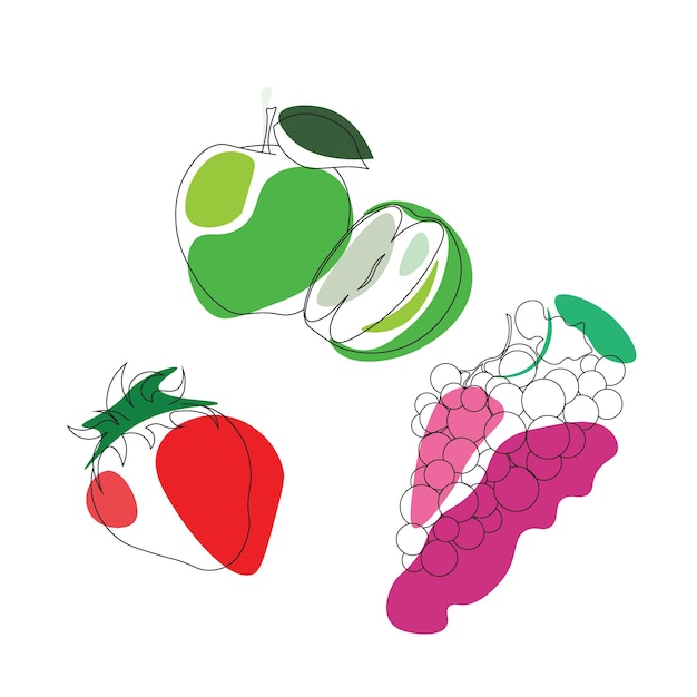 Fruitset, vectorillustratie. Druiven, aardbeien, appels, uitgevoerd in felle kleuren.