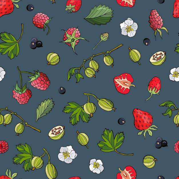 Fruity seamless pattern with strawberries gooseberries raspberries and currants