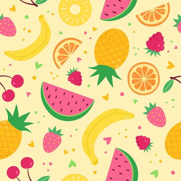 Fruity tropical seamless vector patternSummer exotic fruits and berries Watermelon pineapple cherry