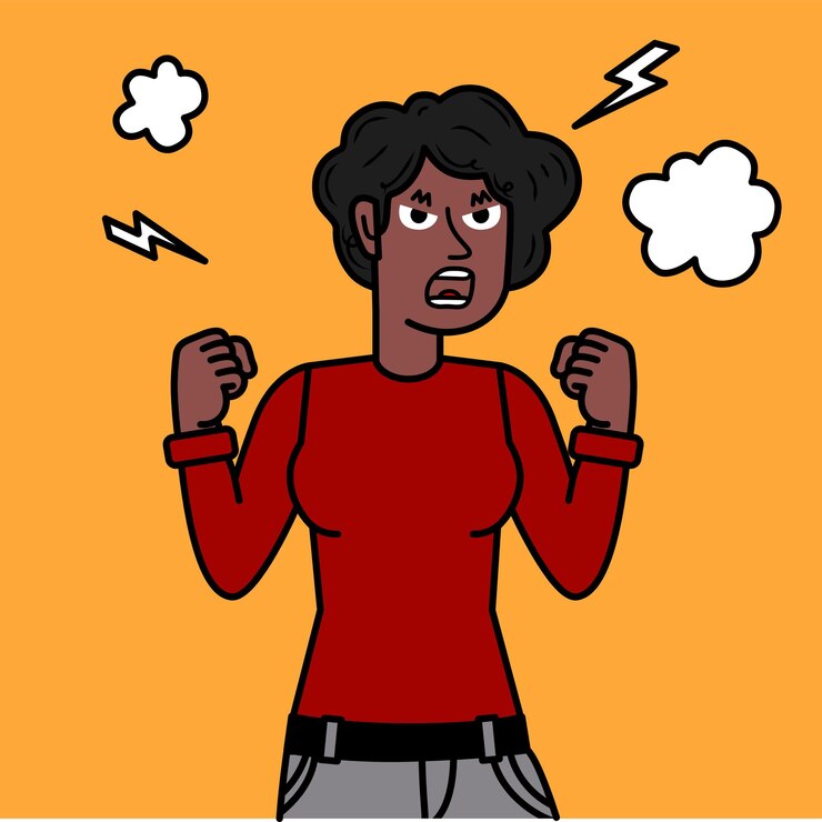 Vector frustrated and angry black businesswoman thunder and cloud icons background