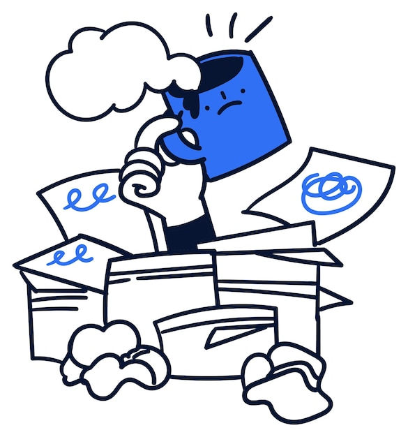 Frustrated cartoon character with overwhelming paperwork