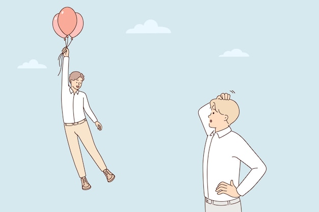 Frustrated man look at colleague flying on balloons