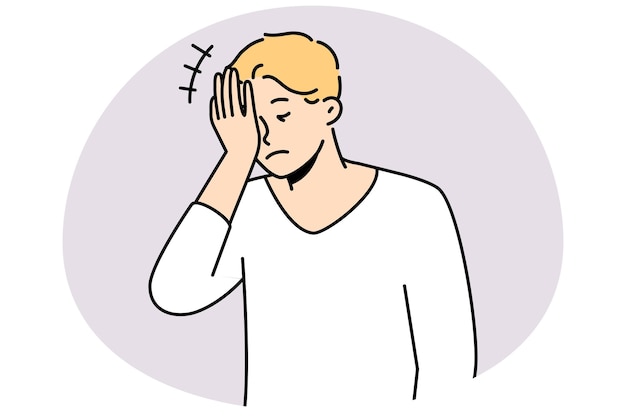 Frustrated man making face palm gesture feeling embarrassed Anxious male remember things feel stressed or confused Vector illustration