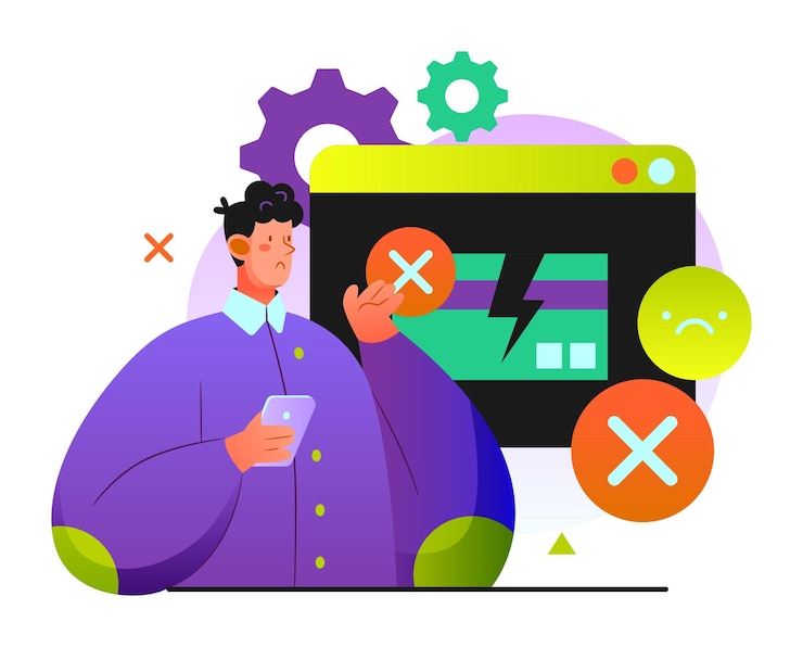 Vector frustrated man with problematic smartphone