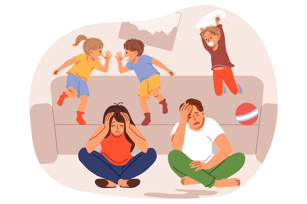 Vector frustrated parents feel tired and lacking energy due to hyperactive children jumping on sofa