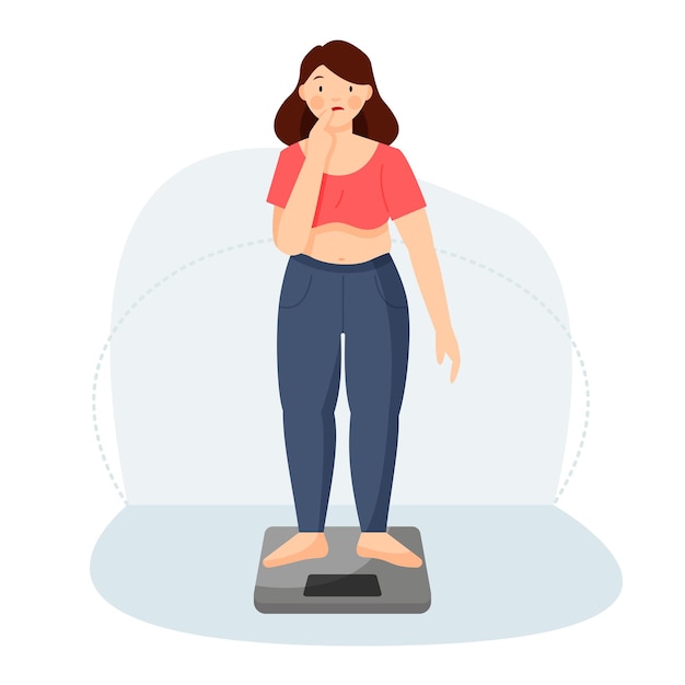 Frustrated plump woman stands on the scales and thinks excess weight