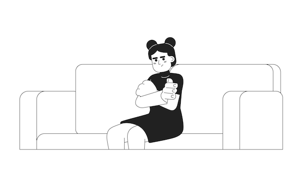 腕を組んだ欲求不満のプレティーンの女の子単色フラット ベクトル文字アジア女性 10 代の座っている白の編集可能な細い線の人 web グラフィック デザインのシンプルな bw 漫画スポット イメージ