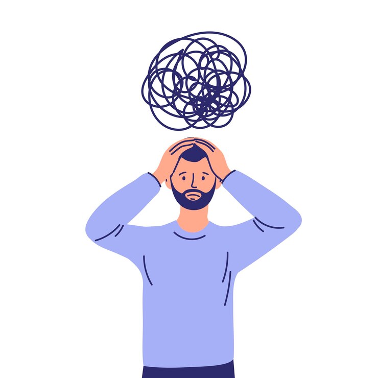 Frustrated sad Young man woman with a tangle of thoughts in a state of depression, confused situation with mental disorder and chaos. A man with a nervous breakdown feels anxious and confused