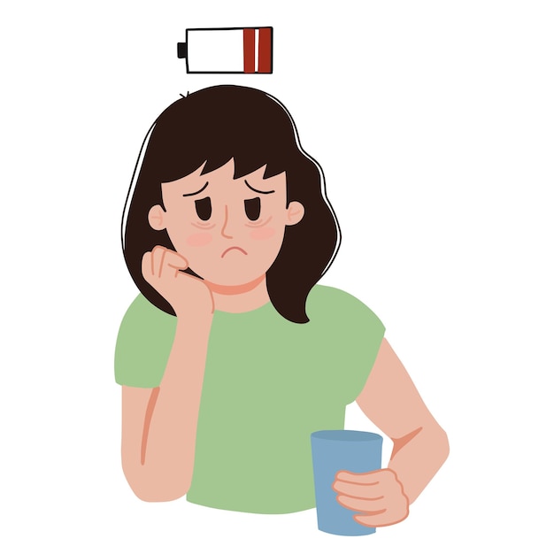 Frustrated tired burnout woman feeling stress and exhausted woman lack of sleep holding a glass of water illustration