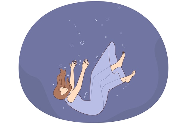 frustrated woman falling down underwater