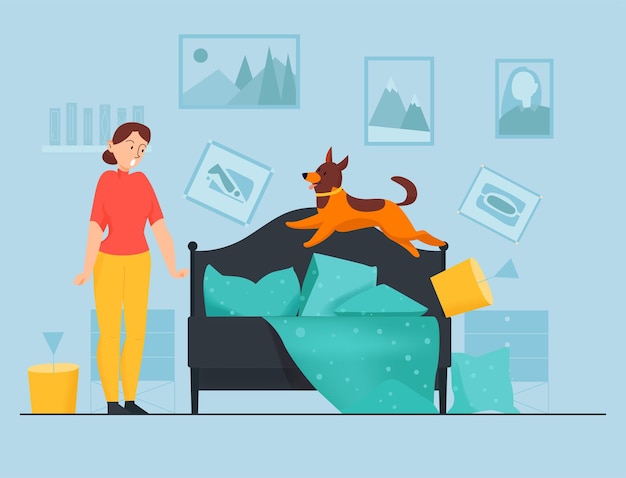 Vector frustrated woman and her mischievous dog jumping on bed in messy bedroom flat illustration