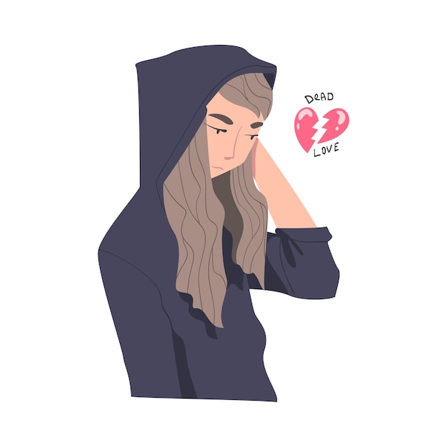 Vector frustrated woman in hoody with broken heart feeling agony because of unhappy love vector