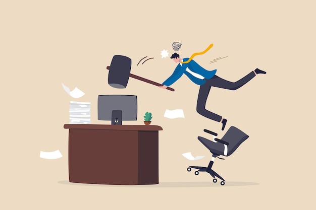 Vector frustration and chaos from computer problem or tech failure stressful or anxiety from overworked or disappointment and mistake concept frustrated businessman hitting to break computer with hammer