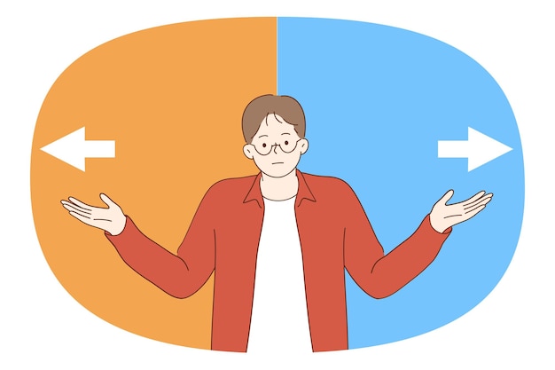 Vettore frustrazione e scelta del concetto di direzione giovane uomo in piedi che pensa e cerca di scegliere dove andare a sinistra oa destra con i simboli delle frecce che si sentono frustrati illustrazione vettoriale