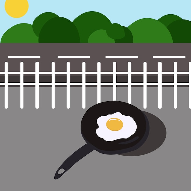 Frying egg on sidewalk illustration Hot egg frying on road under sun Hot summer