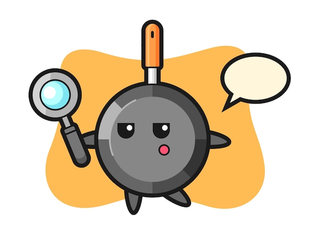 Vector frying pan cartoon character searching with a magnifying glass