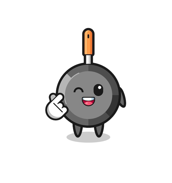 Frying pan character doing Korean finger heart cute design