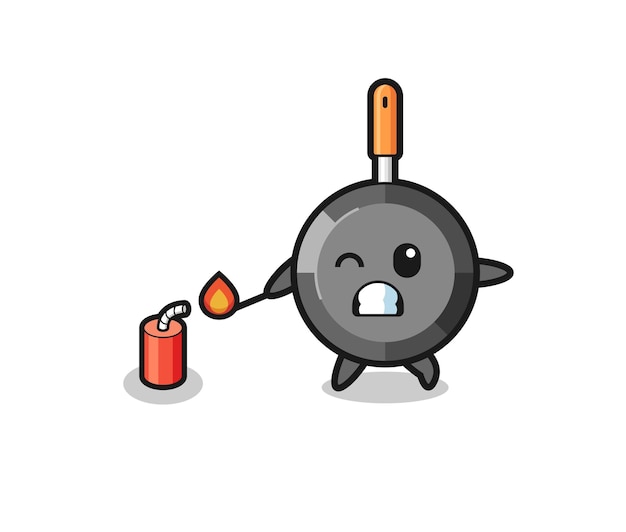 Frying pan mascot illustration playing firecracker , cute design