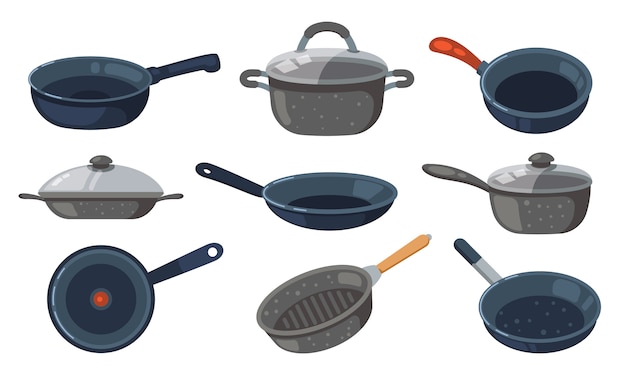 Vector frying pan  s set. kitchen pots and different pans isolated on white background.