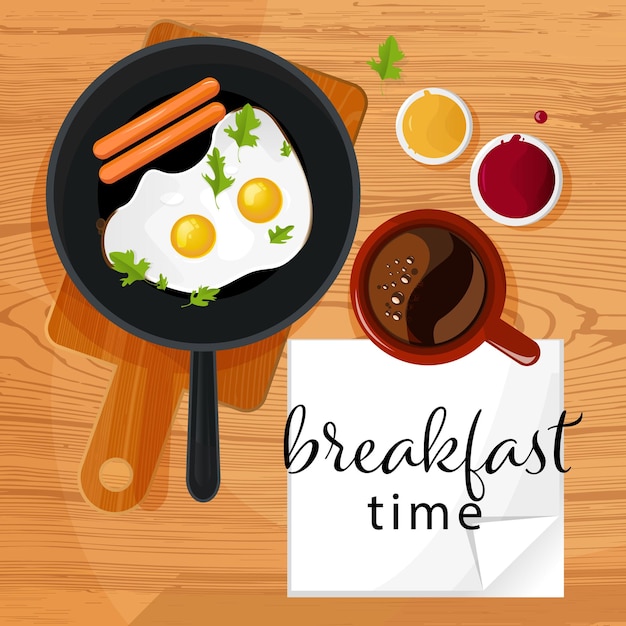 Frying pan with fried eggs on a wooden countertop vector graphics food coffee