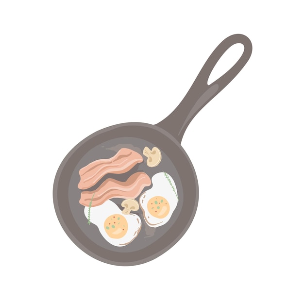 Vector frying pan with scrambled eggs with bacon and mushrooms