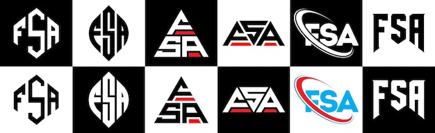 Vettore design del logo della lettera fsa in sei stili fsa poligono cerchio triangolo esagono stile piatto e semplice con variazione di colore in bianco e nero logo della lettera impostato in una tavola da disegno logo fsa minimalista e classico