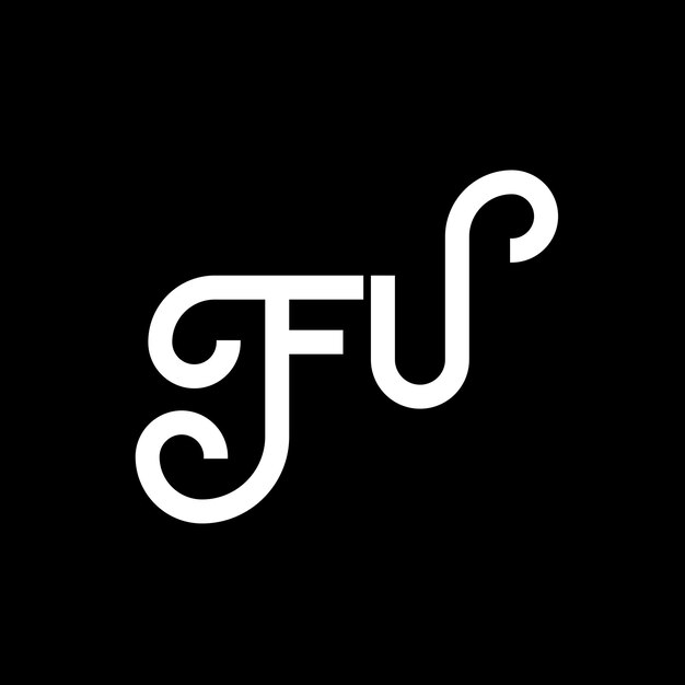 黒い背景の FU 文字のロゴデザイン FU クリエイティブ・イニシアル フー文字のコンセプト フー文字デザイン FU 白い文字のデザイン FU 黒の背景のロゴ