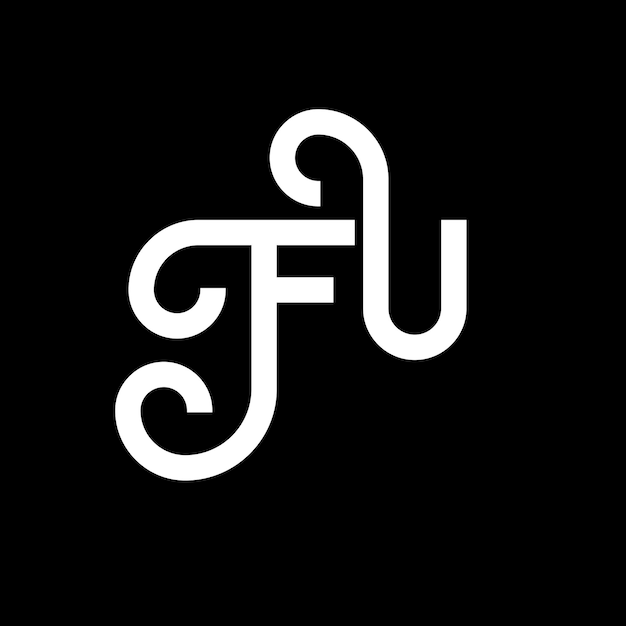 黒い背景の FU 文字のロゴデザイン FU クリエイティブ・イニシアル フー文字のコンセプト フー文字デザイン FU 白い文字のデザイン FU 黒の背景のロゴ