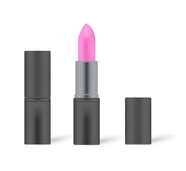 Rossetto color fucsia in mock-up tubo nero. aperto e chiuso. illustrazione vettoriale di rossetto per labbra