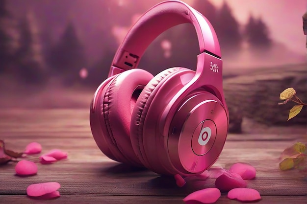 Vector fuchsia wireless headphones on fuchsia background with shadow musical background with audio fuchsia