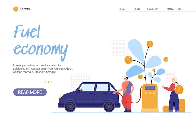 Fuel expenses economy site with people near gas pump flat vector illustration