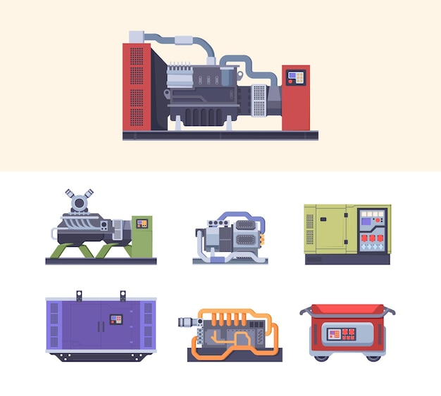 Vettore generatore di carburante macchine elettriche industriali in acciaio generatori di manutenzione per la generazione di energia garish raccolta di illustrazioni piatte vettoriali