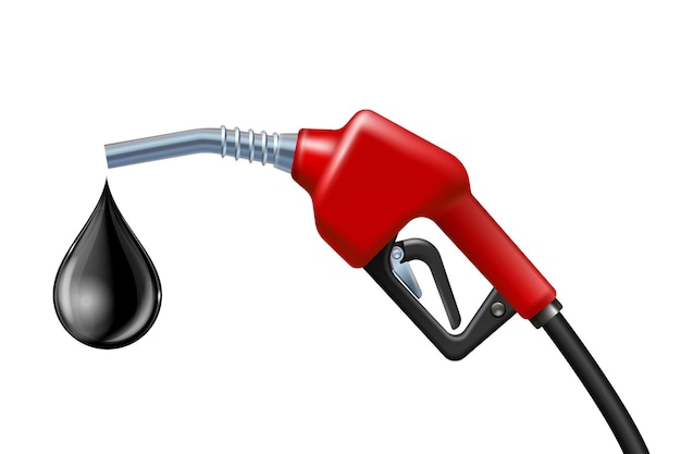 fuel handle pump nozzle with hose. black drop of crude oil dropping from gas gun with fuel.. vector illustration isolated on white background. power and energy concept.