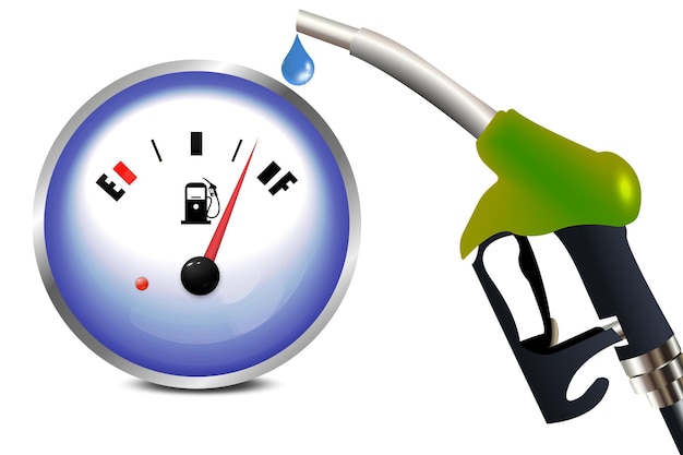 Fuel pump in hand man and fuel gauge holding fuel nozzle gasoline pump with dropisolated on white background flat vector illustration