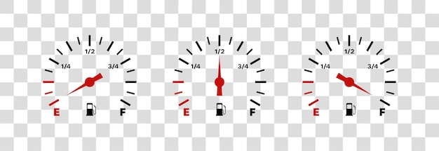 Indicatore del serbatoio del carburante indicatore del carburante livello del carburante vuoto per metà e pieno di carburante eps vettoriale 10