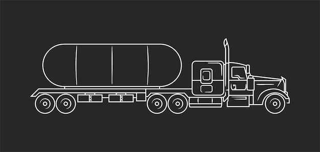 Fuel truck side view vector line art illustration on black background