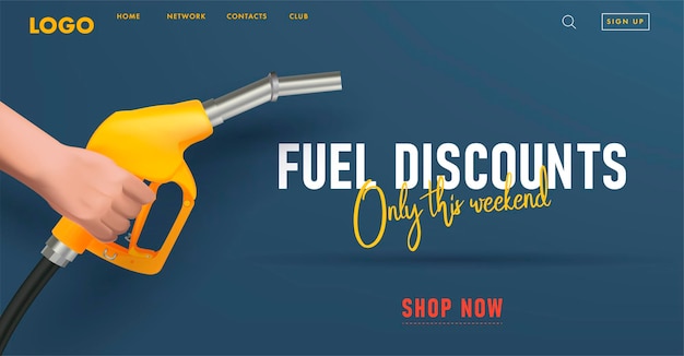 Fueling gasoline web banner with yellow realistic device for filling the car with petrol