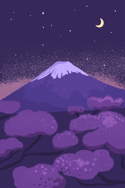 Fuji mountain at night with starry sky and moon Japanese scenery vector illustration with cherry blossom trees at sunrise time